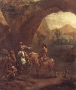 Adam Colonia Landscape with troopers and soldiers beneath a rocky arch oil painting